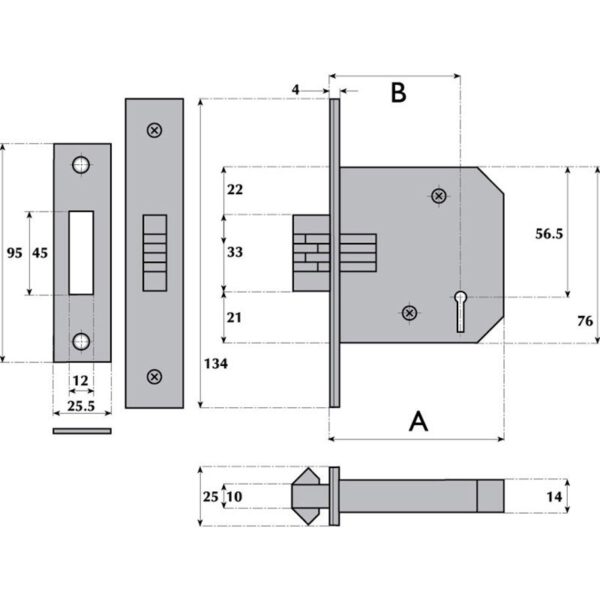 G3006 3 Lever Mortice Sliding Door Lock - Image 2