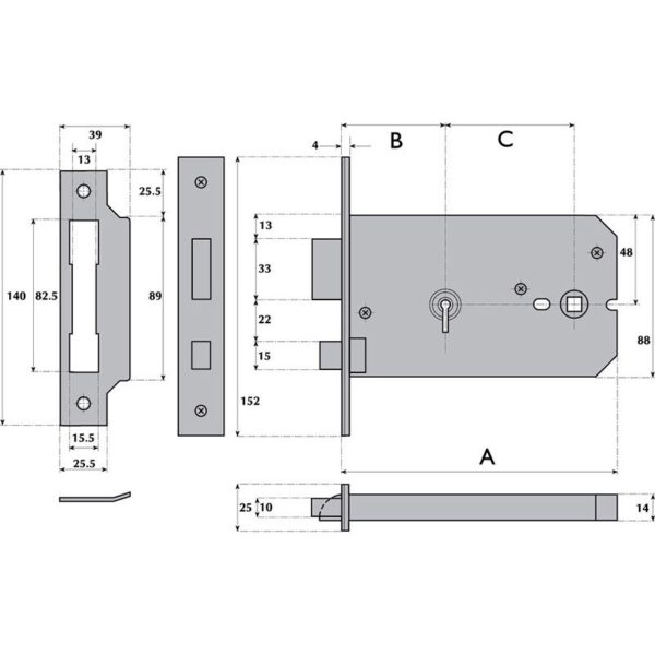 MK3012 Master Keyed 3 Lever Horizontal Mortice Lock - Image 2